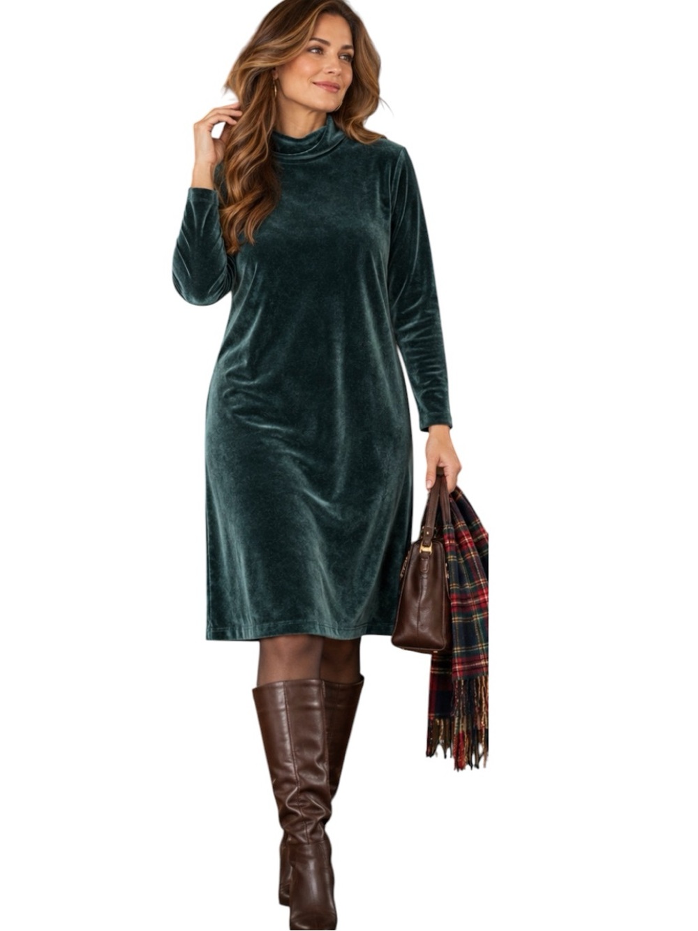 Vintage Lands End Green Velour Shift Dress Knee Length Mock Neck Size Large